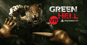 A jaguar mid-attack, with a player holding a spear in defense, featured in Green Hell VR promotional artwork for PSVR2.