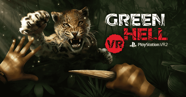 A jaguar mid-attack, with a player holding a spear in defense, featured in Green Hell VR promotional artwork for PSVR2.