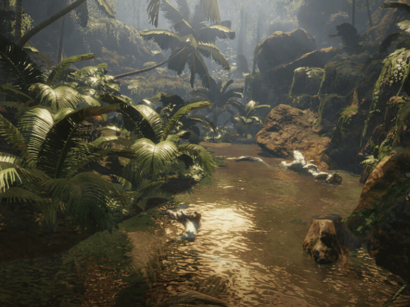 A tranquil river surrounded by dense Amazonian foliage in Green Hell VR PSVR2.