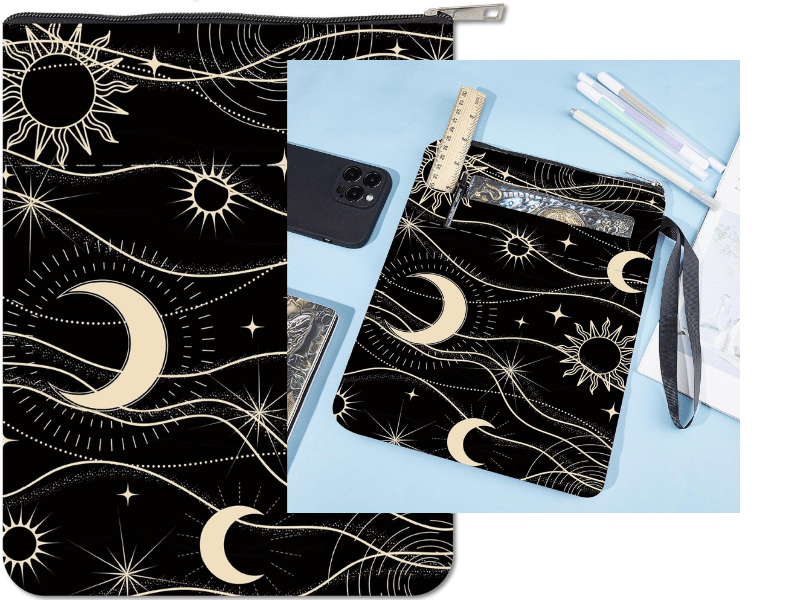 A celestial-themed book sleeve featuring moons and stars, protecting books in style