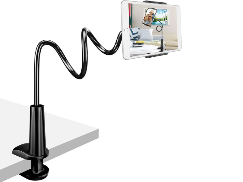 A sturdy gooseneck reading stand holding a Kindle securely on a desk