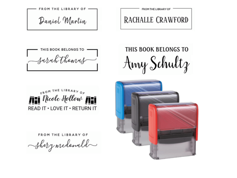 Customizable book stamps with names, perfect for marking personal libraries