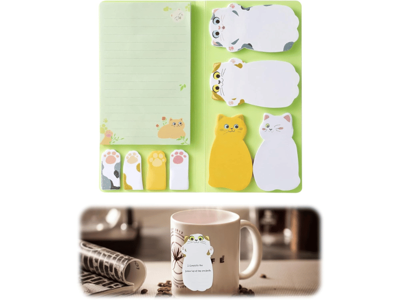 Cute cat-shaped sticky notes, perfect for marking pages or jotting reminders.