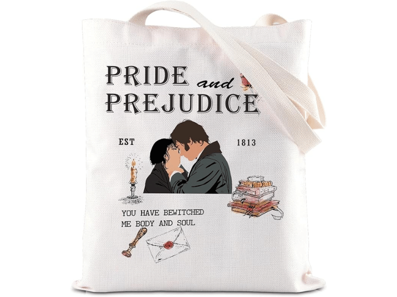 A canvas tote bag featuring a Pride and Prejudice design with a romantic illustration.