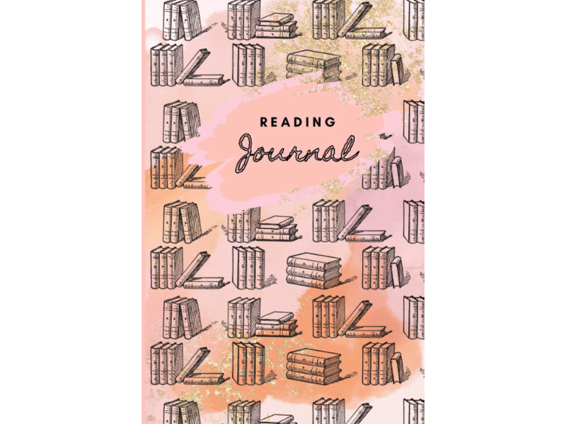 A beautifully designed reading journal with illustrations of books.