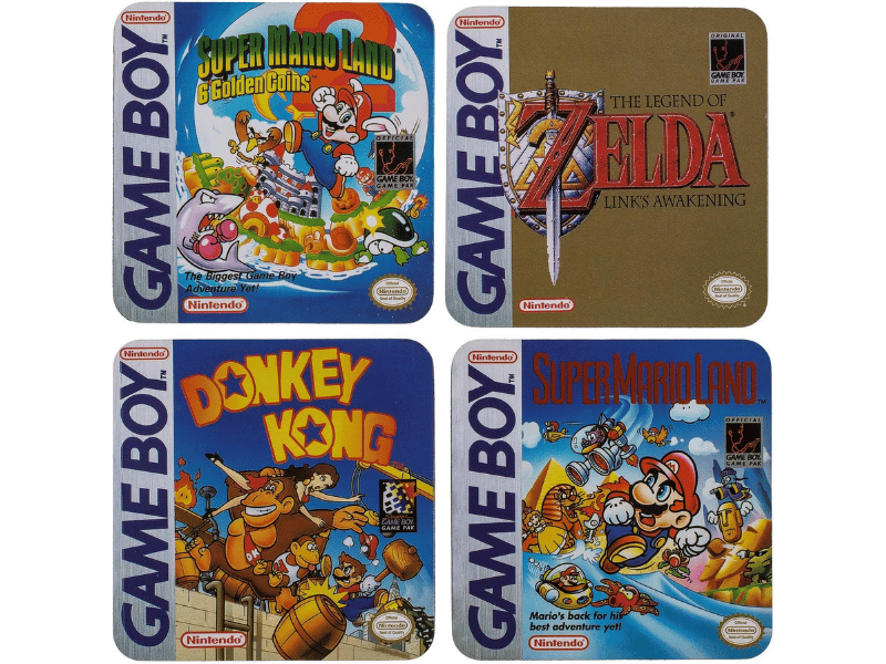 Retro Game Boy coasters with classic game designs