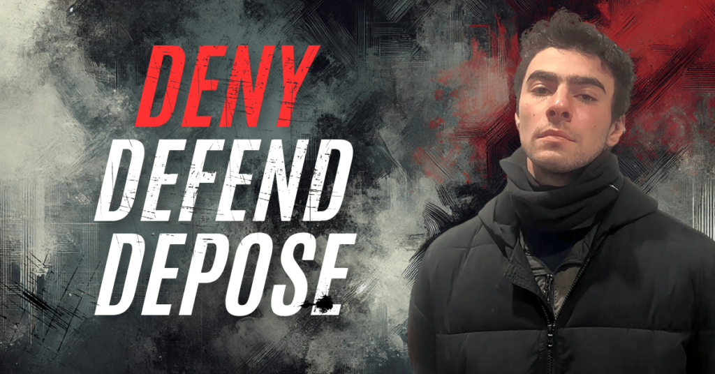 Luigi Mangione, dressed in a dark jacket, with the words Deny Defend Depose in bold, symbolizing corporate resistance and class consciousness.