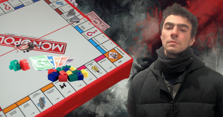 Portrait of a man in a dark jacket beside a Monopoly board with colorful game pieces and fake money, symbolizing power dynamics and rebellion.