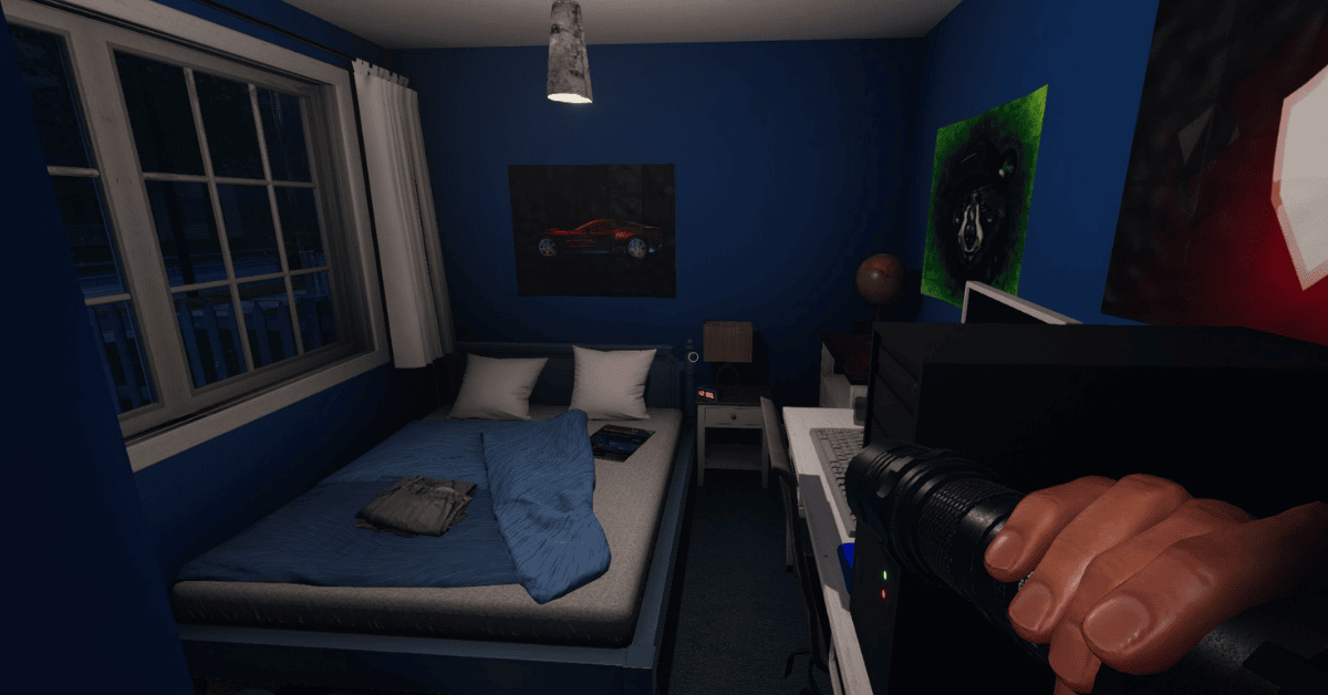 A blue room in Phasmophobia, featuring a bed, desk, and a flashlight in hand.