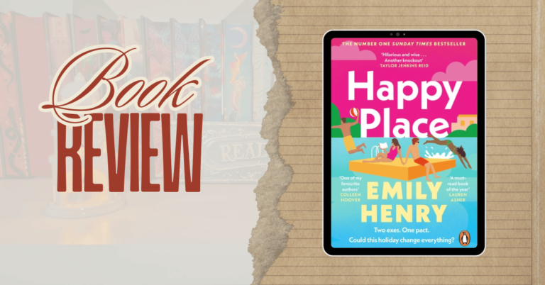 Book review of Happy Place by Emily Henry featuring a digital book cover mockup with a cozy aesthetic.