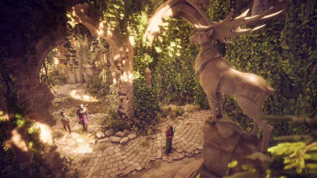 Lush forest environment in Dragon Age: The Veilguard, featuring a majestic stag statue and stone pathways.