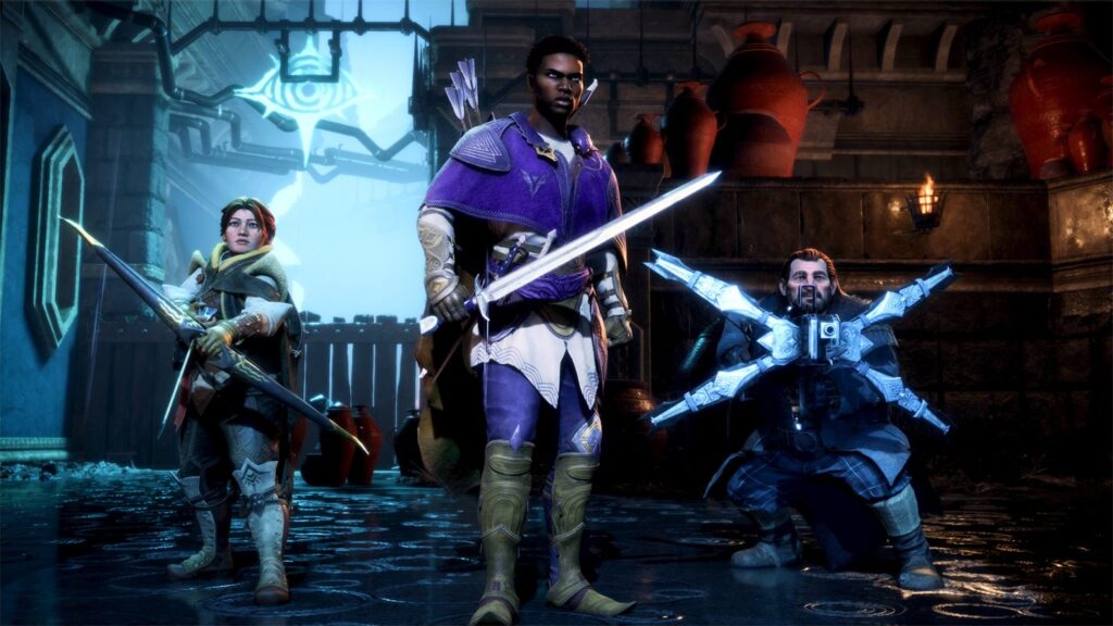 Dragon Age: The Veilguard gameplay screenshot featuring three characters preparing for combat in a dungeon setting.