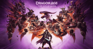 Dragon Age: The Veilguard official game artwork featuring main characters and vivid purple background.