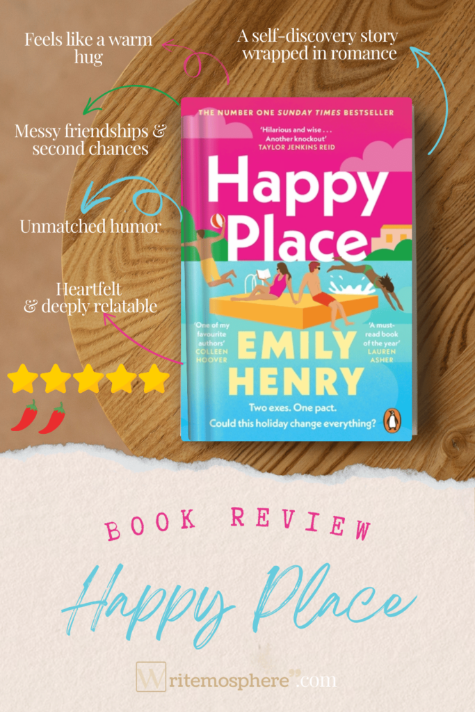 Happy Place by Emily Henry – A book review graphic featuring a cozy aesthetic, highlighting themes of humor, friendships, and self-discovery.