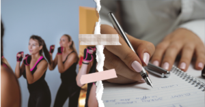 Split collage showing women in a Body Combat class on the left and a close-up of a hand writing in a notebook on the right, symbolizing fitness, reflection, and personal growth.