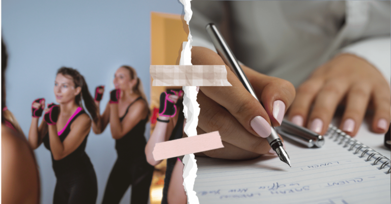 Split collage showing women in a Body Combat class on the left and a close-up of a hand writing in a notebook on the right, symbolizing fitness, reflection, and personal growth.