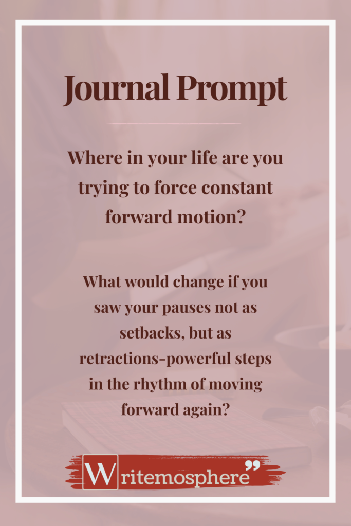 Journal prompt pin from Writemosphere: reflective questions on setbacks, retraction, and creative growth.