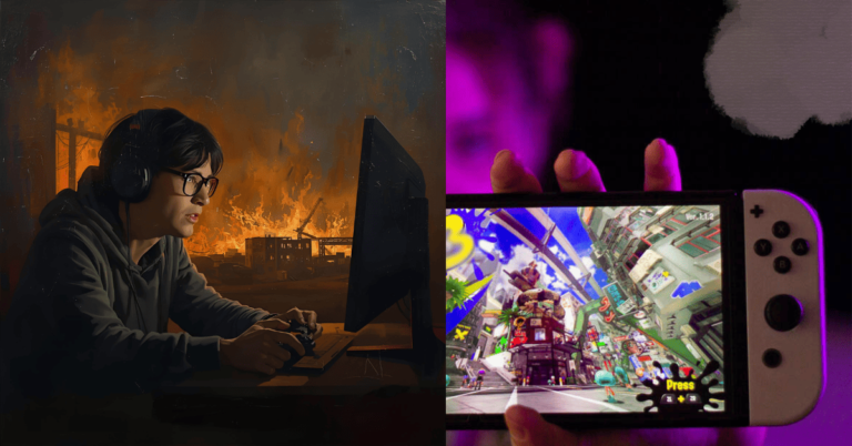 Split image showing a gamer at a computer with a burning city in the background and a colorful handheld game scene on a Nintendo Switch, symbolizing contrast between chaos and escapism.
