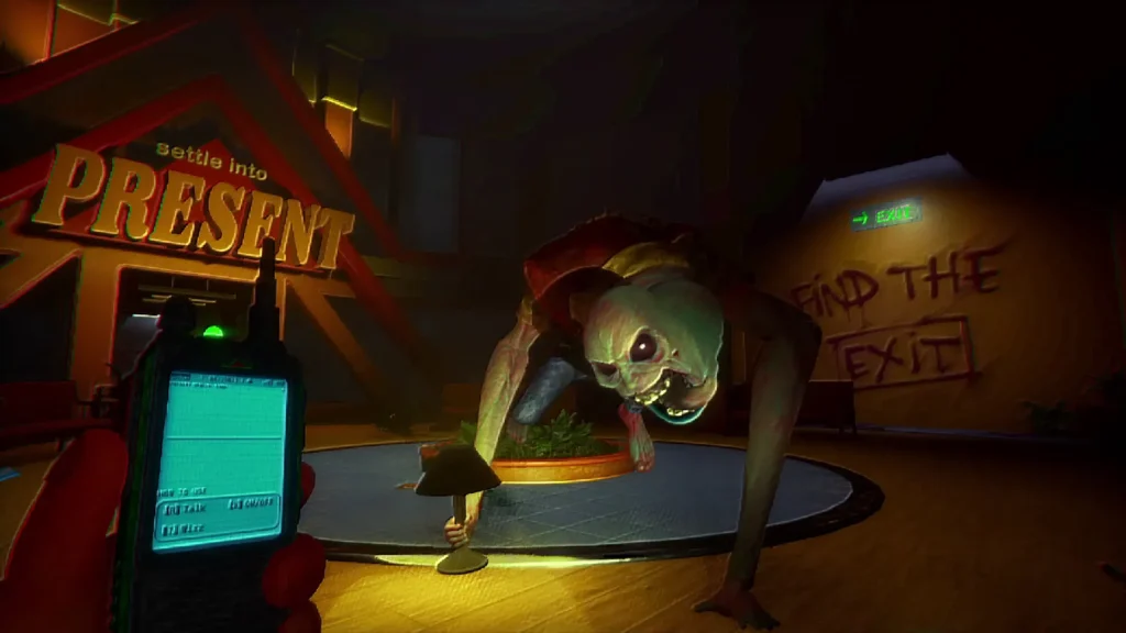 Storebound screenshot of a creepy store employee crawling near a glowing PRESENT sign inside the megastore.