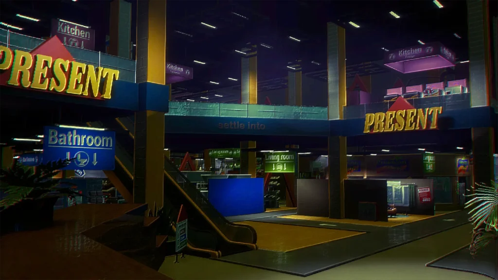 Storebound screenshot showing the bright two-floor PRESENT megastore with escalators and retail displays.