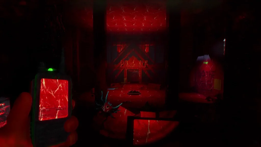 Storebound screenshot of a red-lit room viewed from a handheld device, with platforms and symbols used for a puzzle.