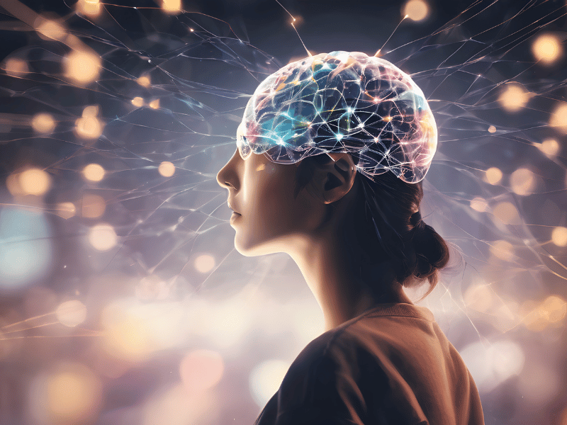 A woman in profile with a glowing neural network around her head, symbolizing creativity and thought connections.