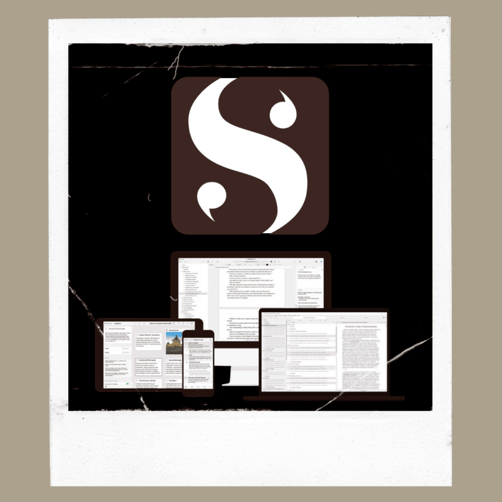 Scrivener logo and scrivener app on phone, tablet and computer inside a polaroid photo