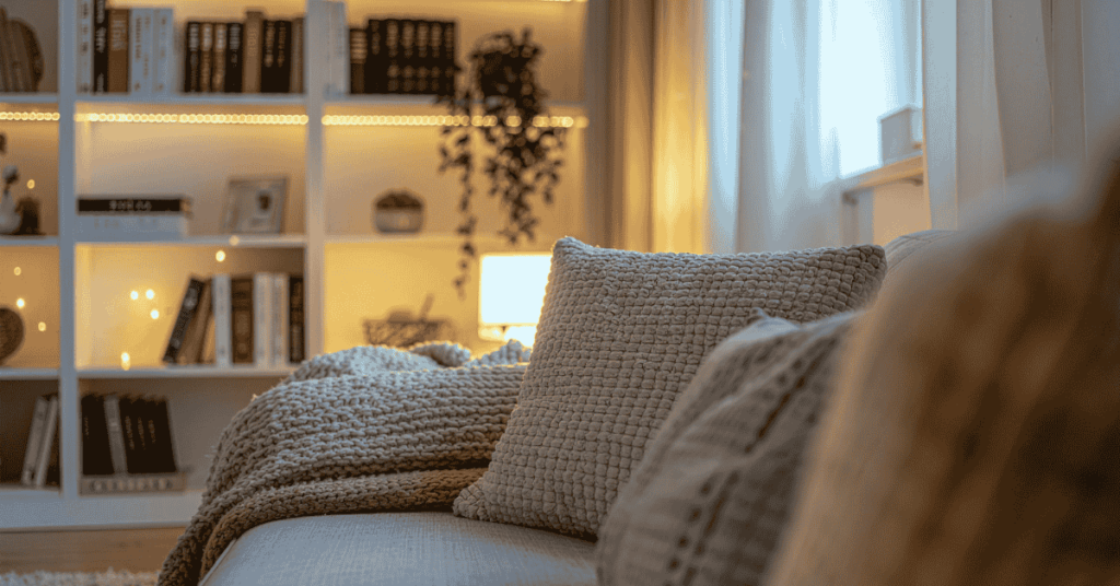 Cozy living room with books, cushions, and soft light, creating a calm space for reflection and gentle goal setting