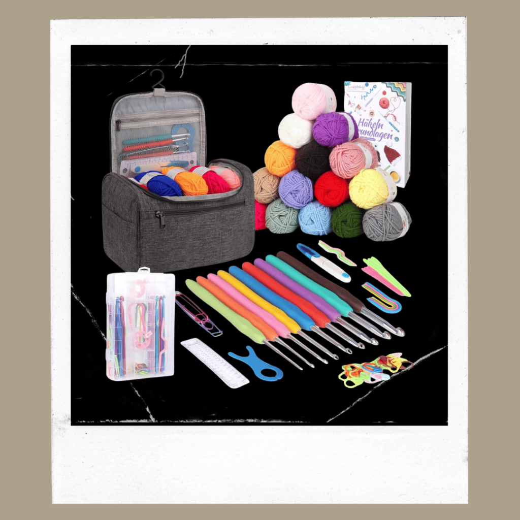 Complete beginner crochet kit with yarn, hooks, and accessories in organized case