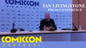 Sir Ian Livingstone speaking at the Comic Con Portugal 2026 press conference where he revealed his upcoming Fighting Fantasy book, Tomb of the Golden Skull.